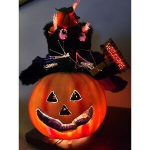 Pumpkin with Black Cat Fiber Optic Light Up Halloween Decoration 14" Tall